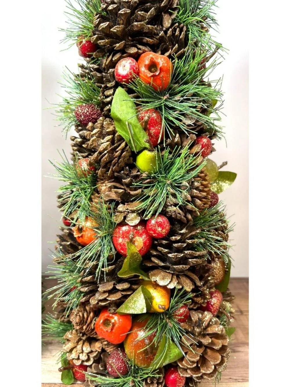 Holiday Centerpiece Pinecone & Faux Fruit Tree Glitter Accents Set Of 2 17.5'' T